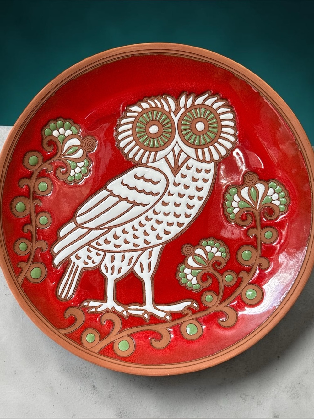 Vintage Bonis Pottery Rhodes Greece Owl Plate 10" Mint Red Terracotta Boho Art